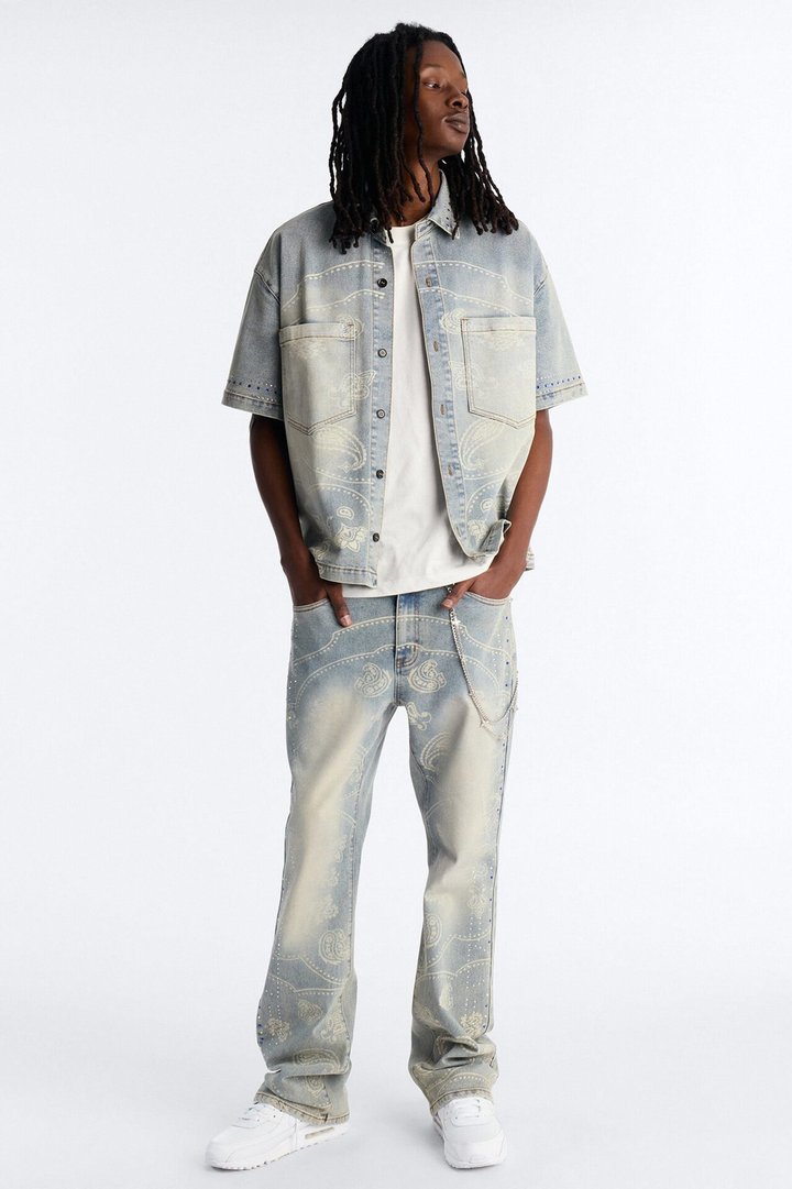 Rhinestone Bandana Stacked Skinny Flare Jeans - Light Blue Wash