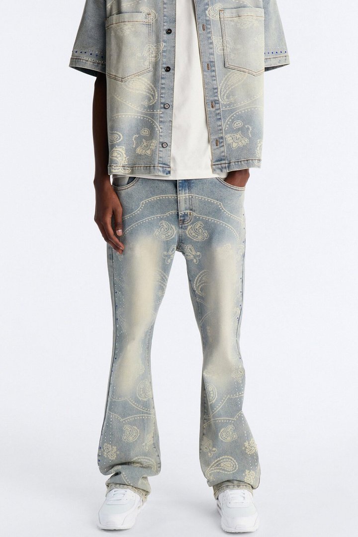 Rhinestone Bandana Stacked Skinny Flare Jeans - Light Blue Wash