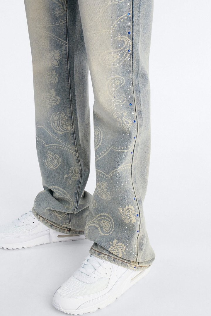Rhinestone Bandana Stacked Skinny Flare Jeans - Light Blue Wash