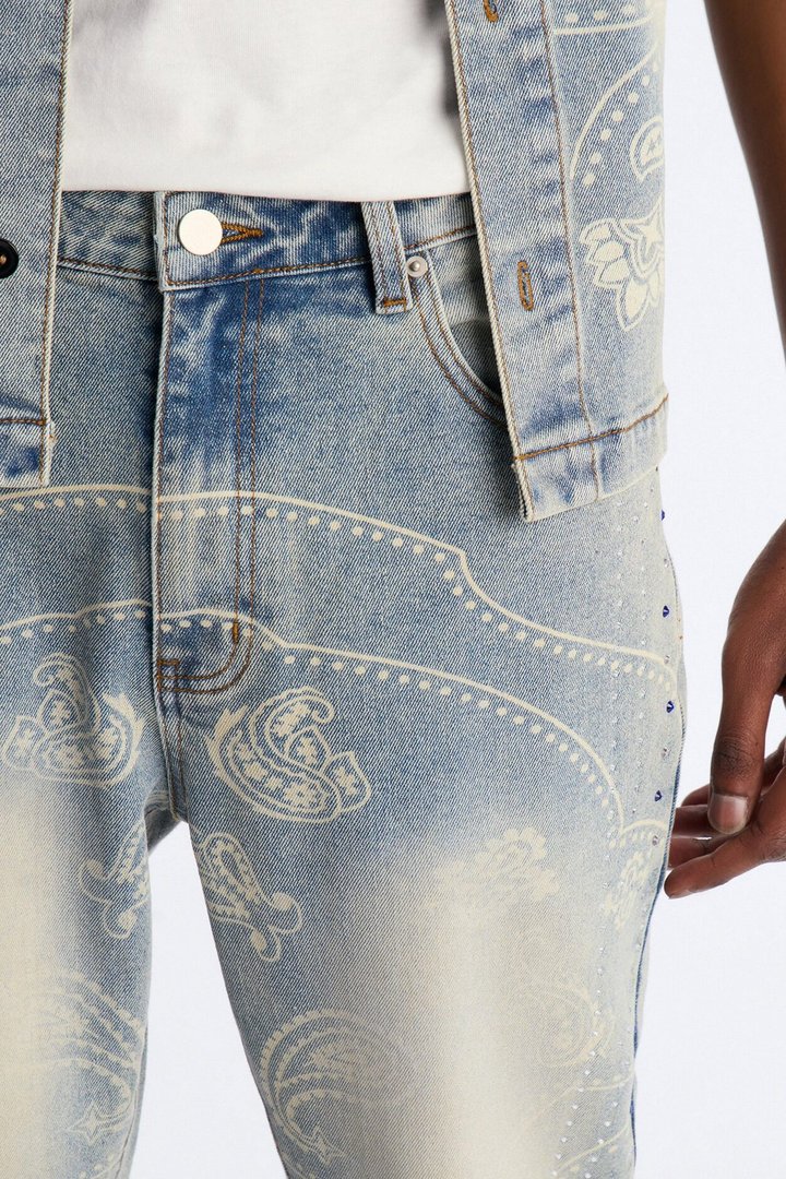 Rhinestone Bandana Stacked Skinny Flare Jeans - Light Blue Wash