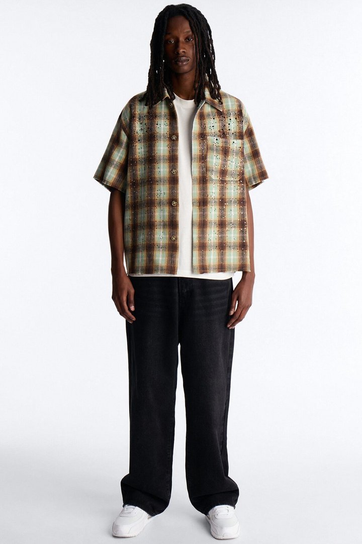 Jeweled Plaid Raw Hem Button Up Shirt - Olive