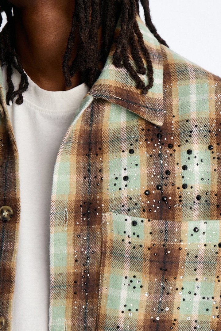 Jeweled Plaid Raw Hem Button Up Shirt - Olive