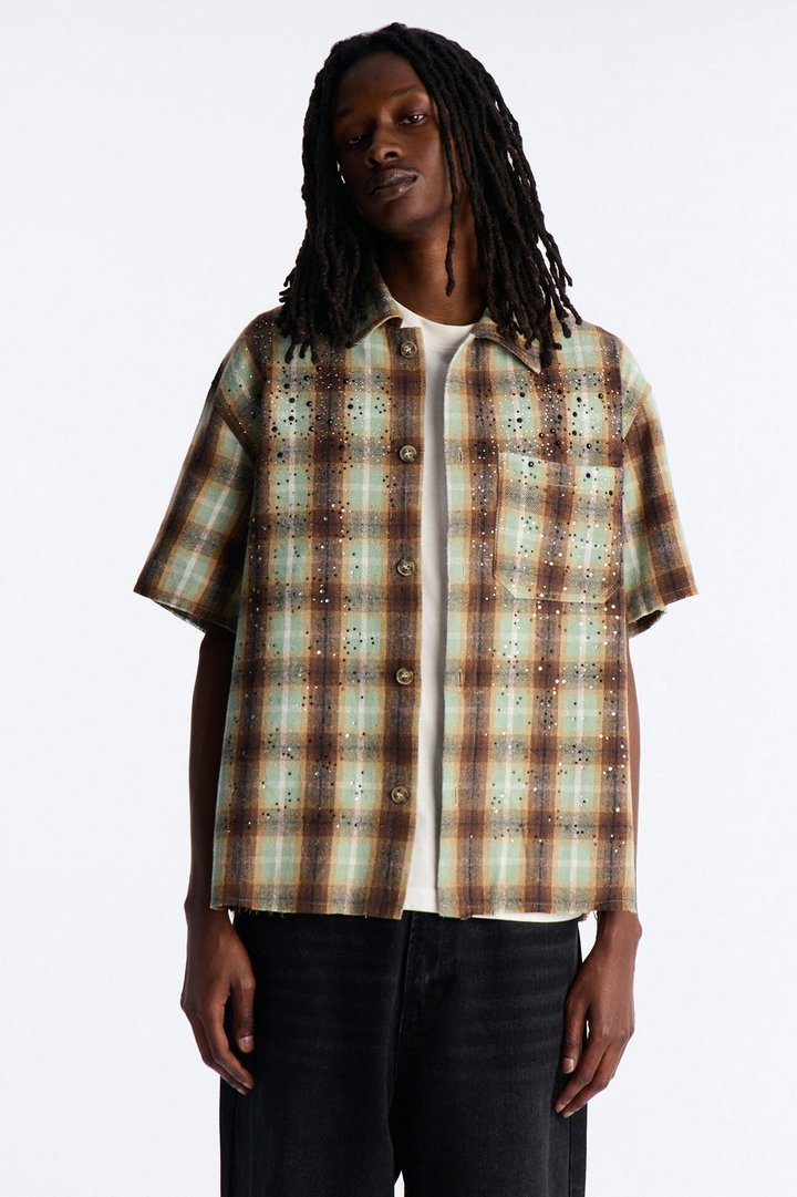 Jeweled Plaid Raw Hem Button Up Shirt - Olive