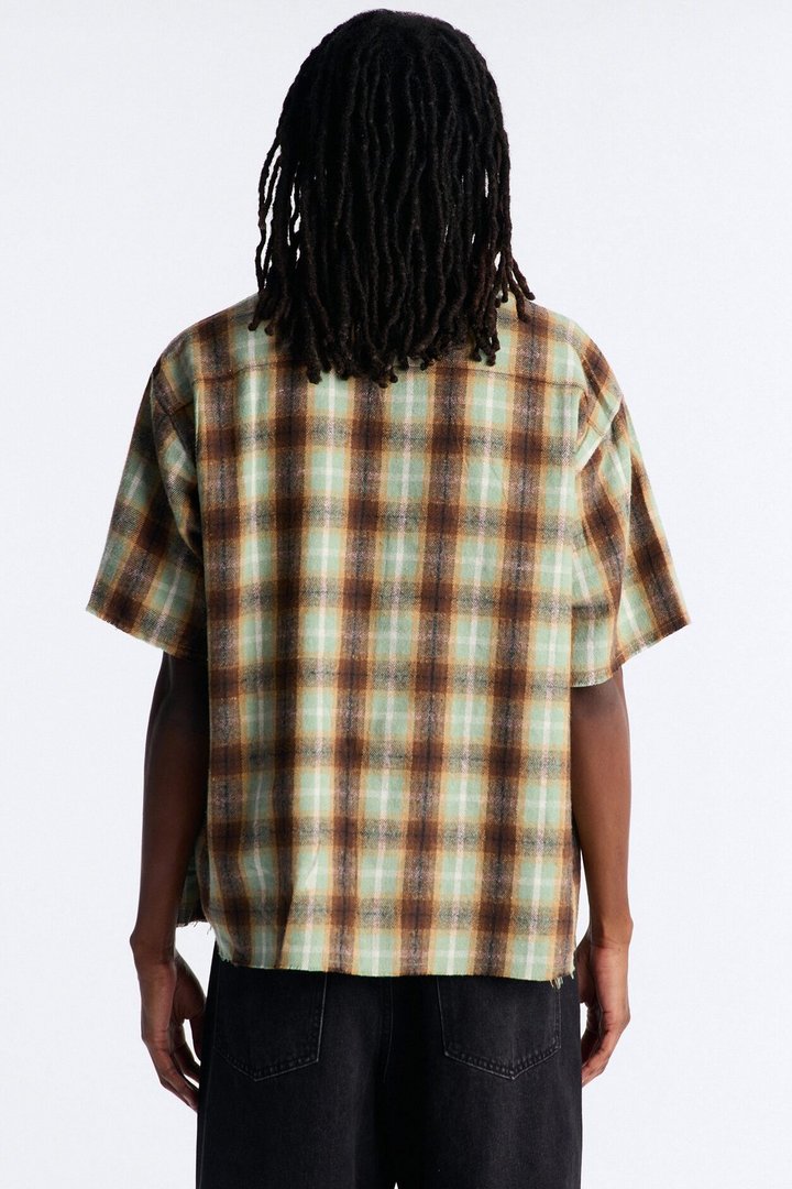 Jeweled Plaid Raw Hem Button Up Shirt - Olive