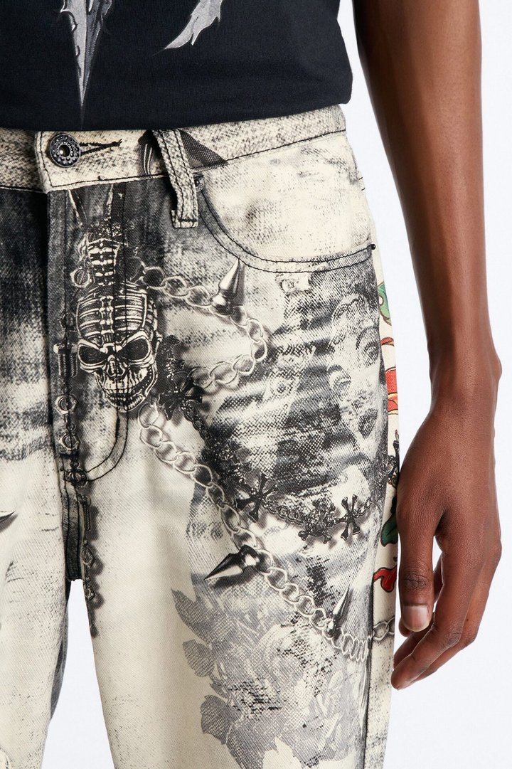 Smoke N Chains Printed Baggy Jean - Acid Wash Black