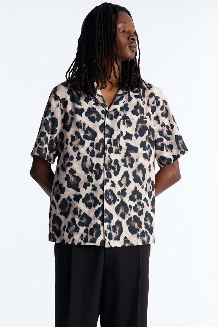 Wild Night Leopard Short Sleeve Cuban Collar Shirt - Brown