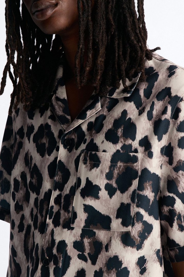 Wild Night Leopard Short Sleeve Cuban Collar Shirt - Brown
