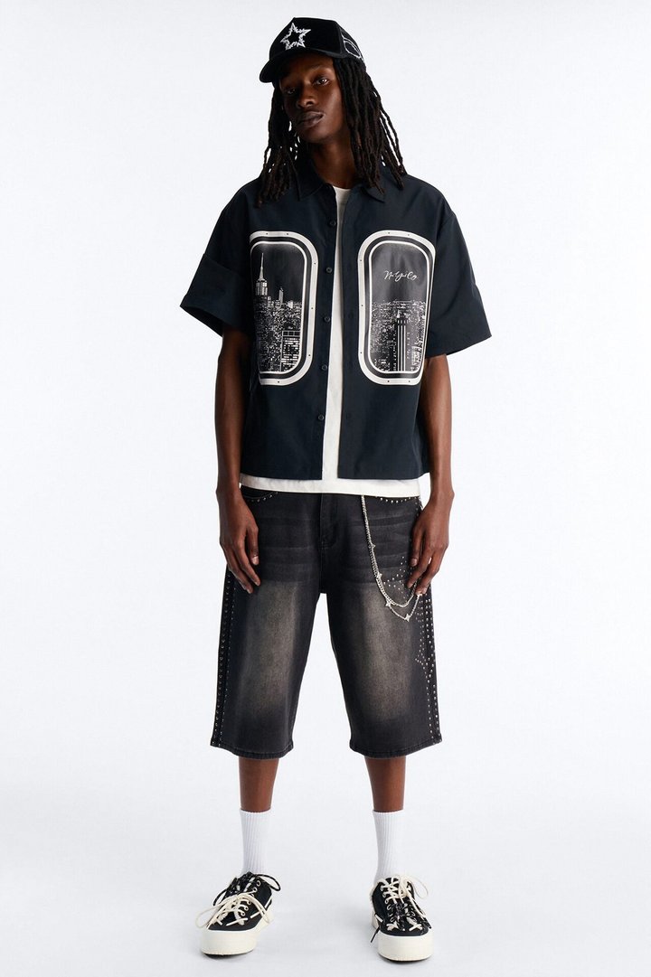 Skyline Views Short Sleeve Button Up Shirt - Black