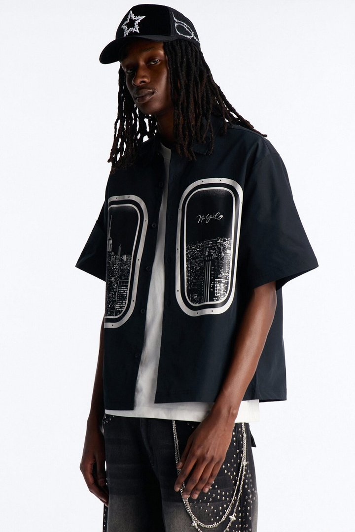 Skyline Views Short Sleeve Button Up Shirt - Black