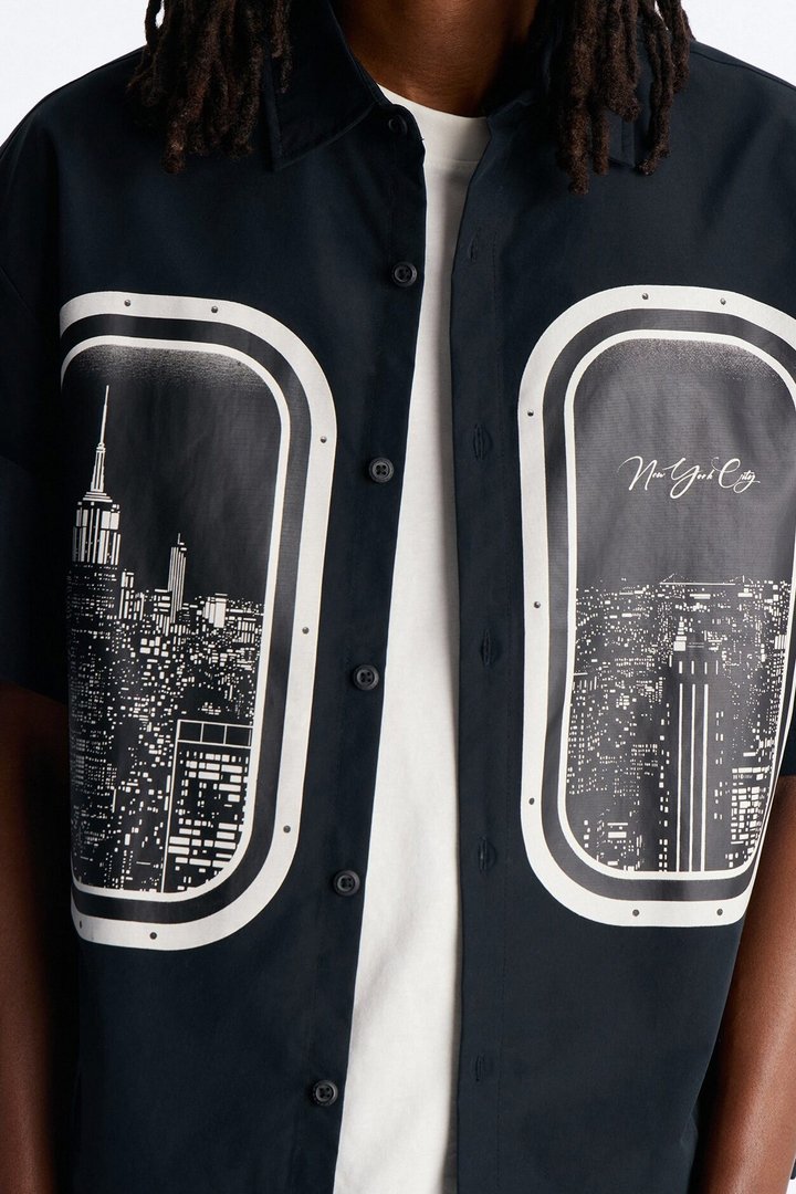 Skyline Views Short Sleeve Button Up Shirt - Black