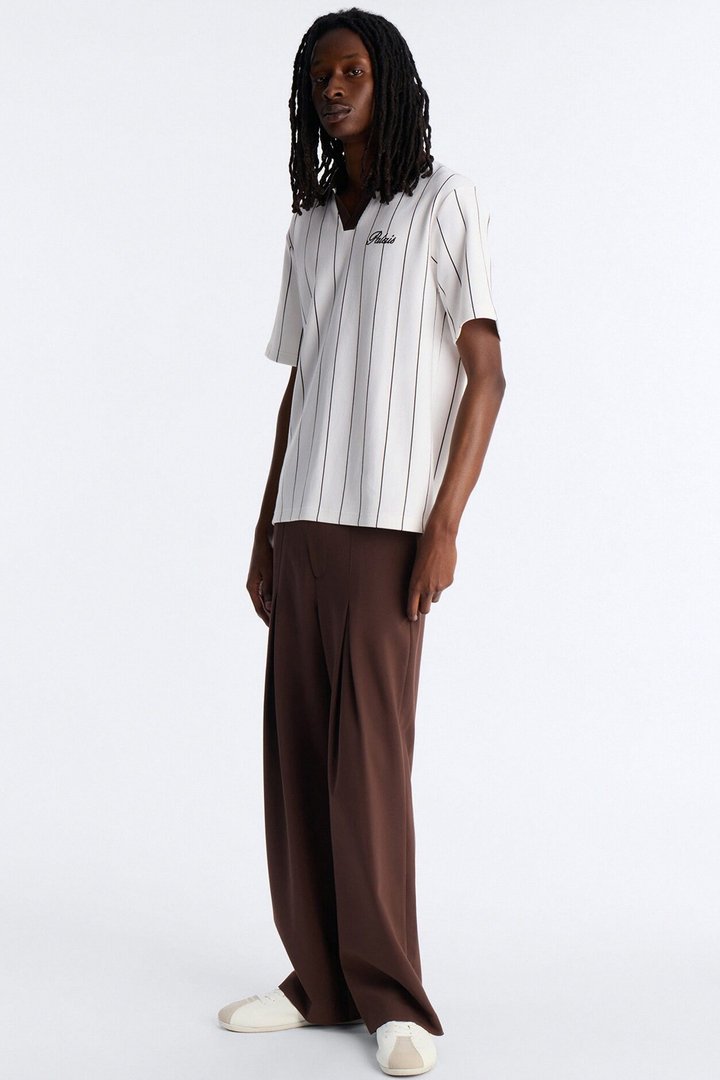 Brown Stripe Johnny Collar Polo - White/combo