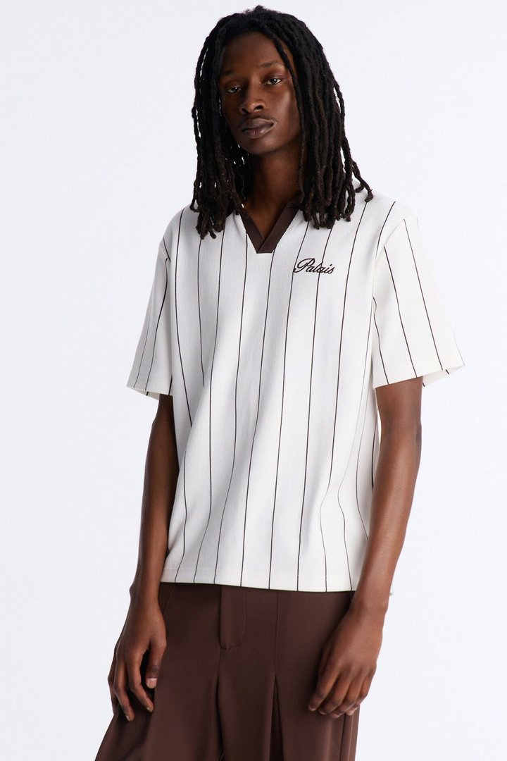 Brown Stripe Johnny Collar Polo - White/combo