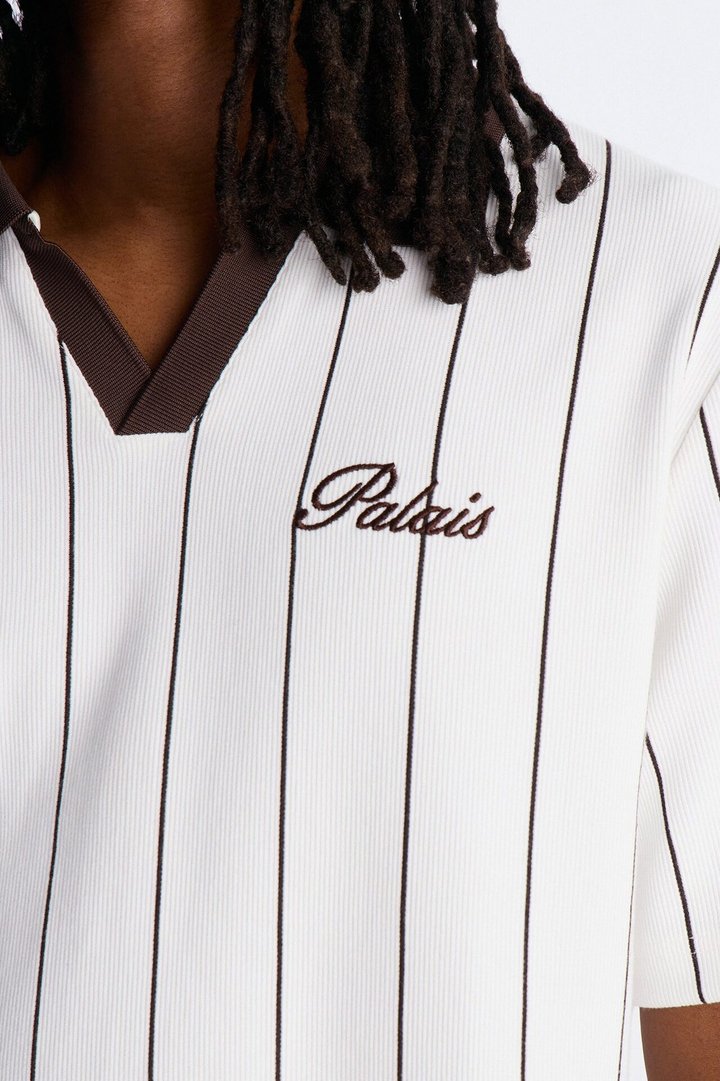 Brown Stripe Johnny Collar Polo - White/combo