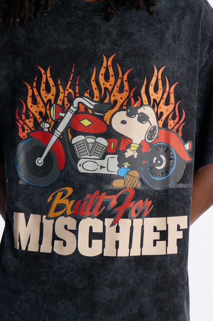 Peanuts Snoopy Mischief Rhinestones Mineral Wash Fleece Tee - Black Wash