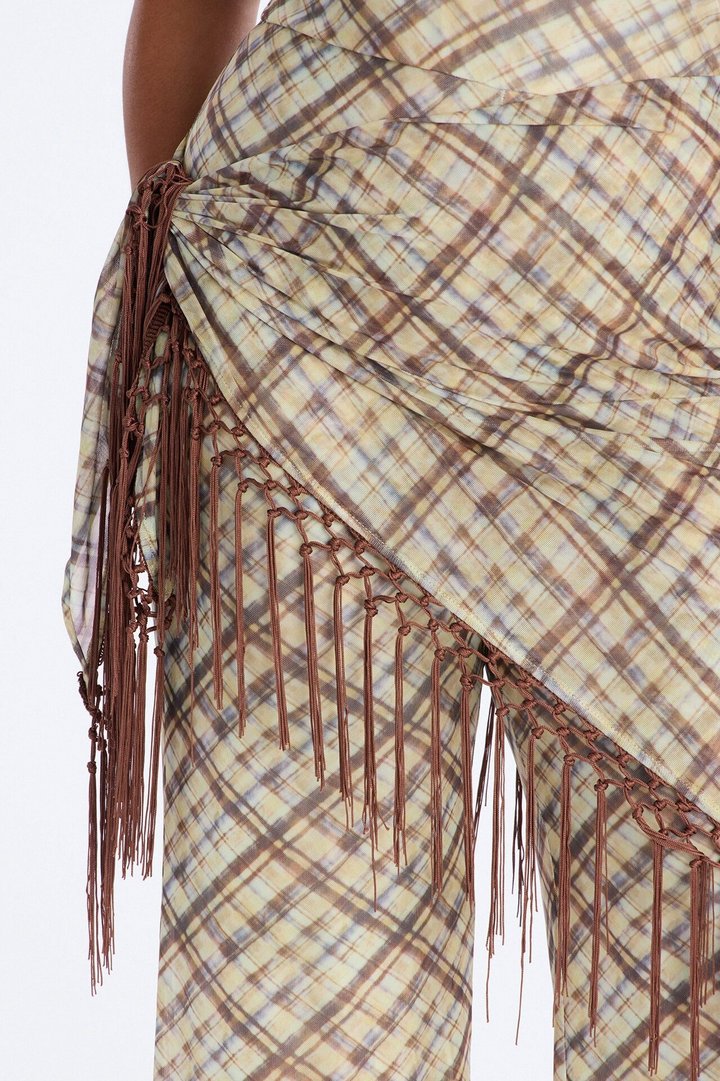Ava Mesh Plaid Waist Scarf Jumpsuit - Brown