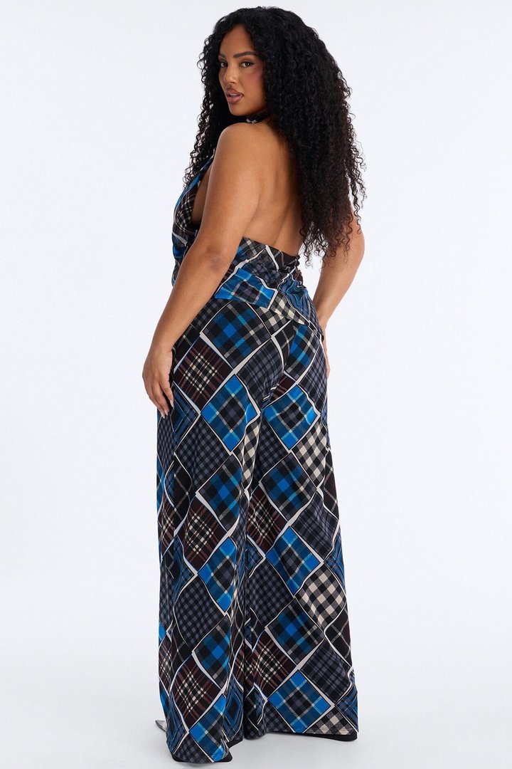 Trina Plaid Mesh Halter Pant Set - Blue/combo