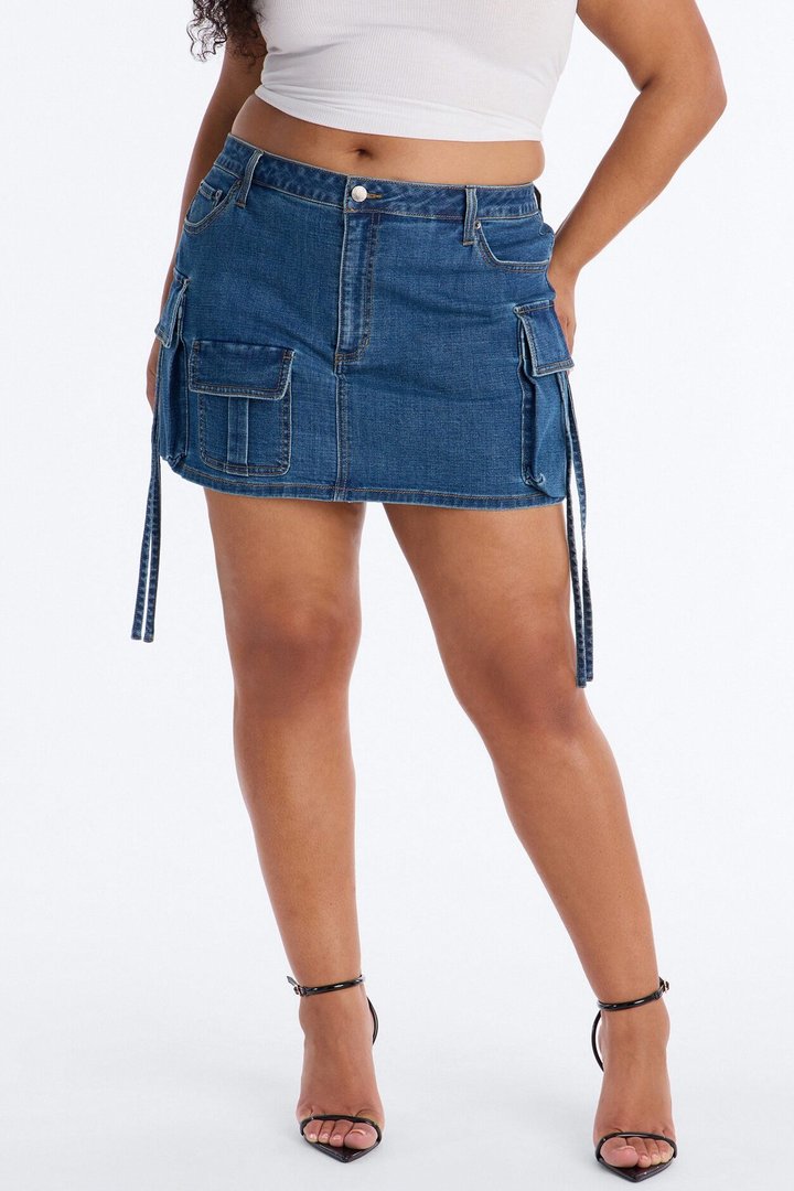 Dahlia Mid Rise Denim Cargo Mini Skirt - Dark Wash