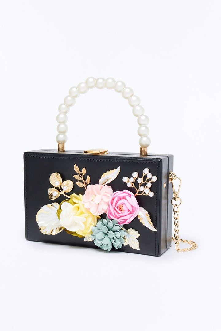 Flower Patch Faux Leather Satchel Handbag - Black