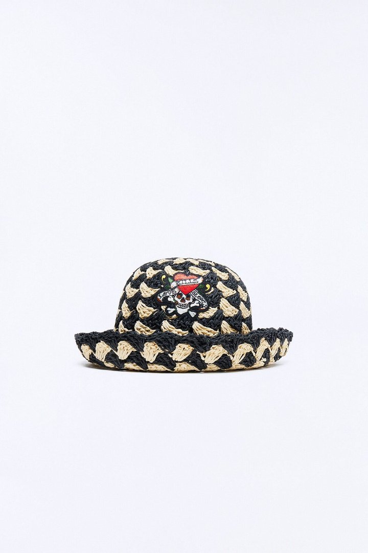 Love Runs Wild Ed Hardy Straw Bucket Hat - Black/combo
