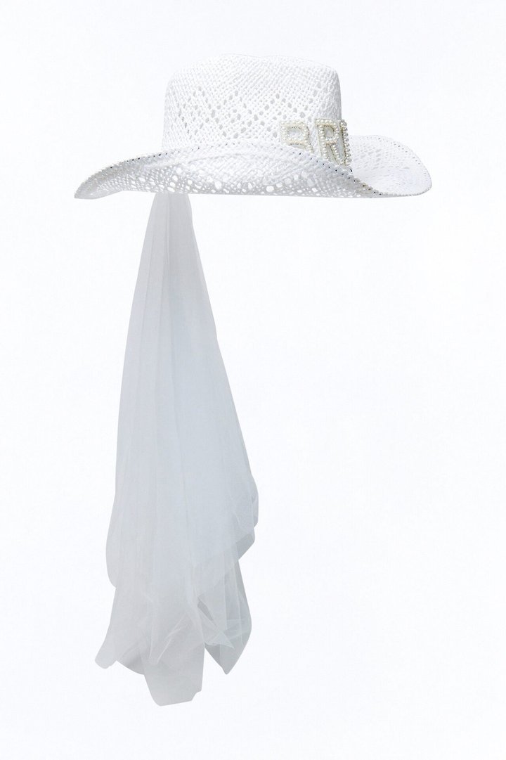 Bride In White Straw Cowboy Hat - White