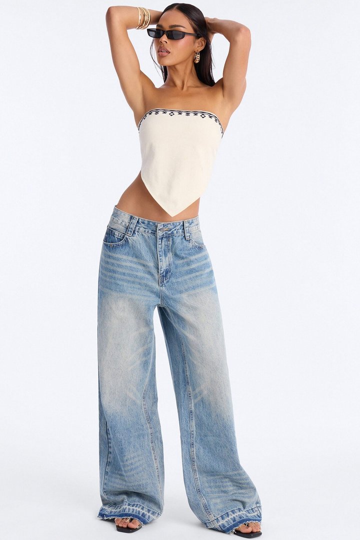 Lemonade Kisses Lace Up Linen Handkerchief Top - Cream/combo