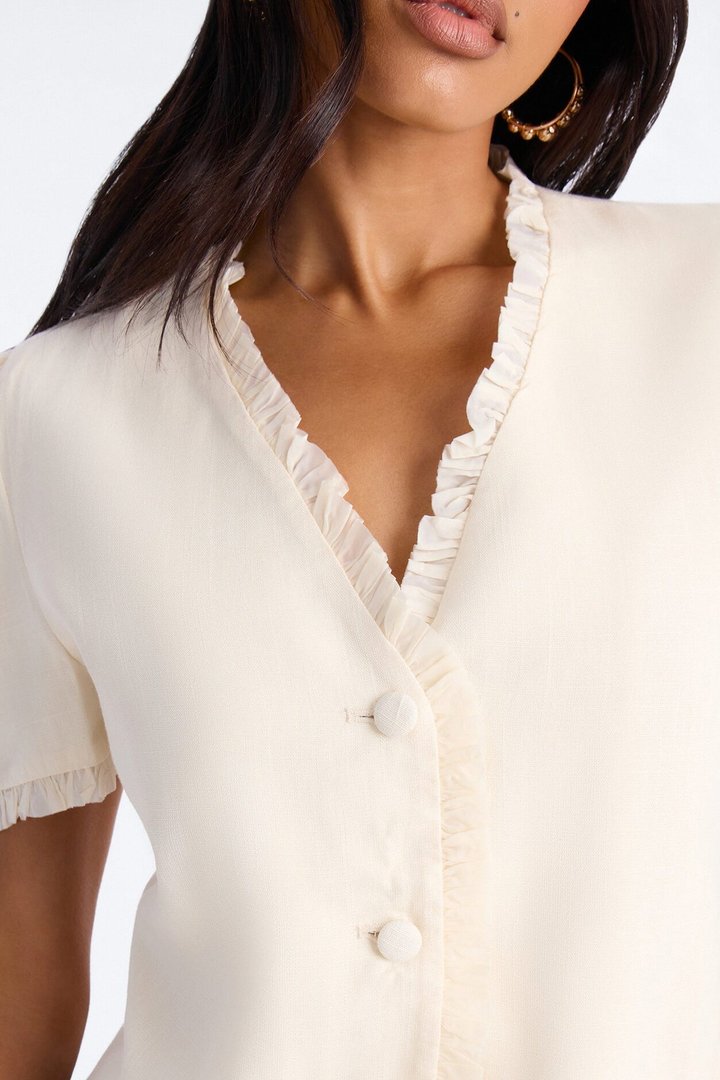 Chic With Love Ruffle Trim Linen Top - Beige