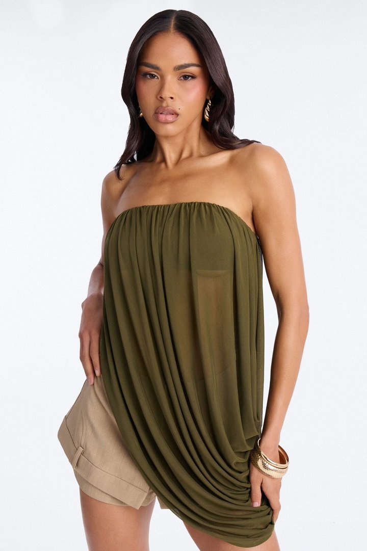 Bora Bora Nights Ruched Asymmetrical Mesh Top - Olive