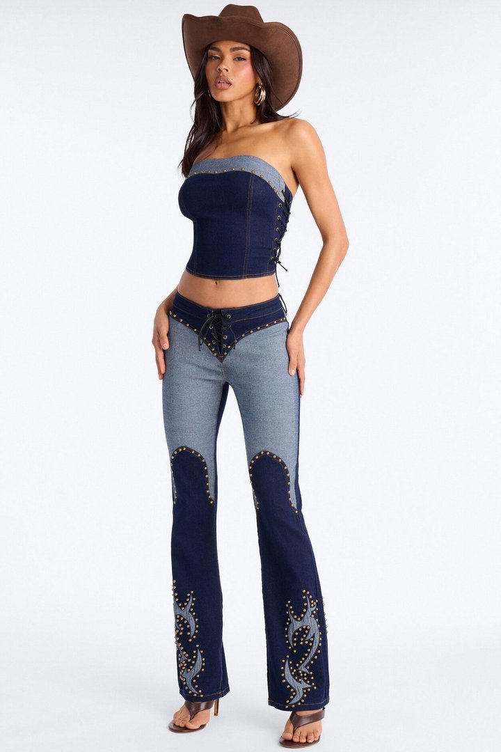 Tianna Denim Corset Flare Pant Set - Dark Denim