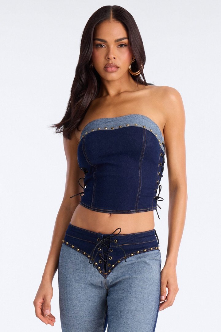 Tianna Denim Corset Flare Pant Set - Dark Denim