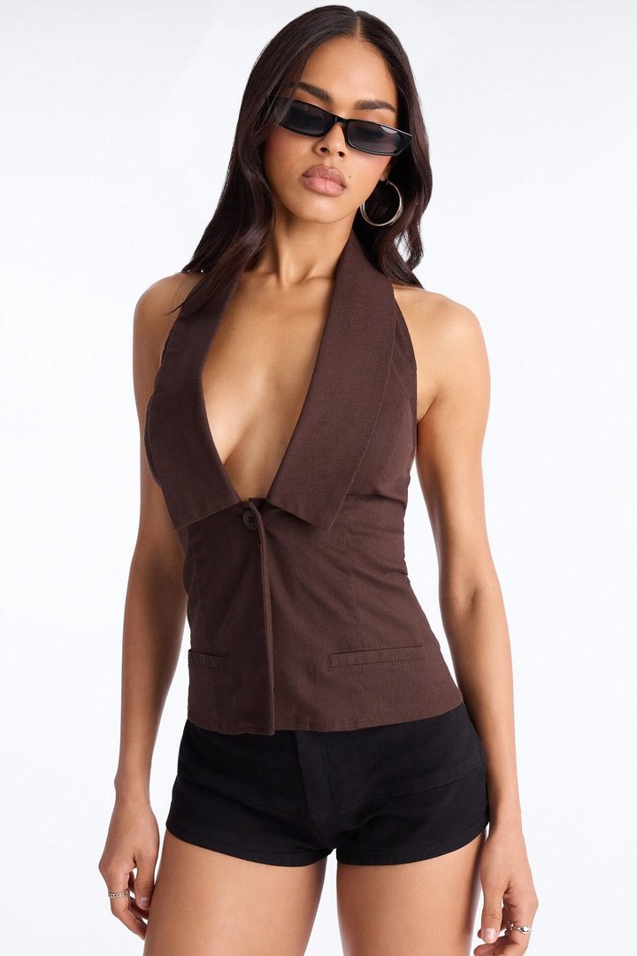 Flash On Linen Halter Top - Chocolate