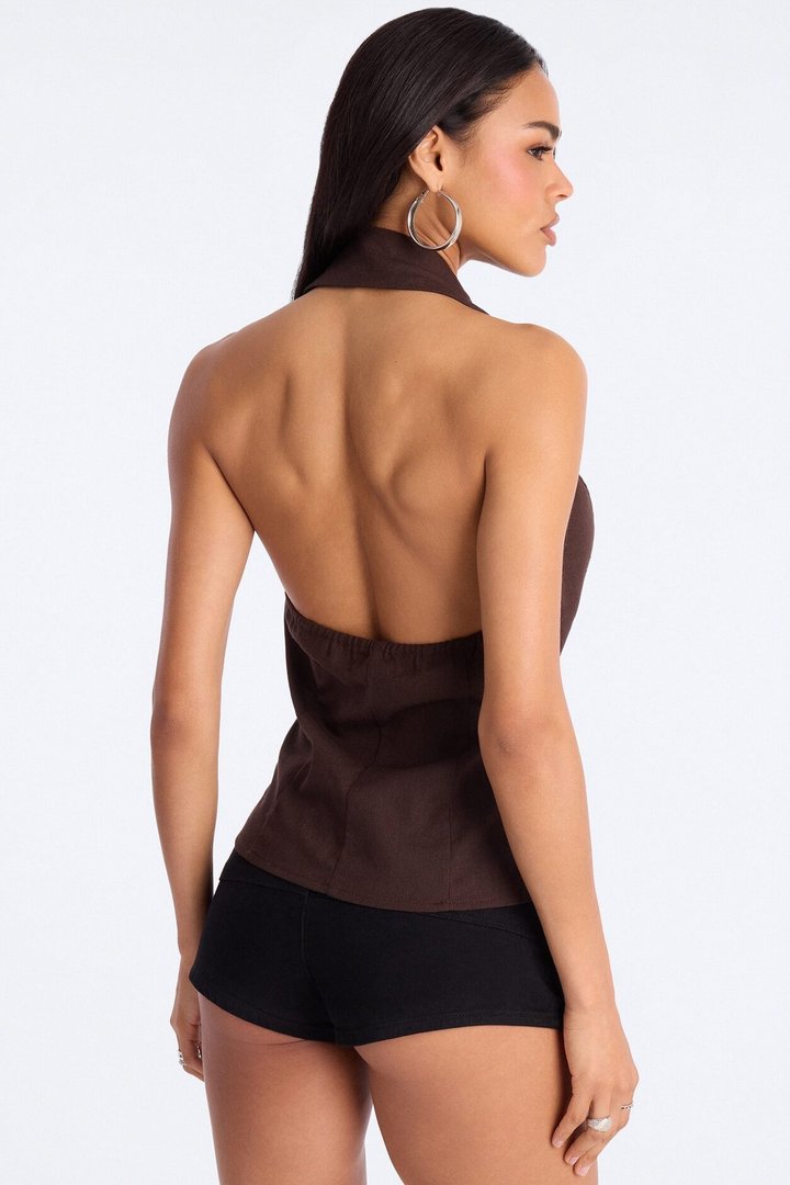 Flash On Linen Halter Top - Chocolate