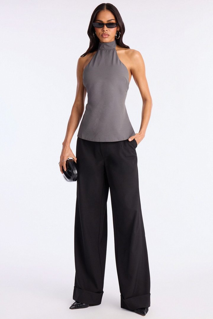 Modern Girl Belted Nylon Halter Top - Grey