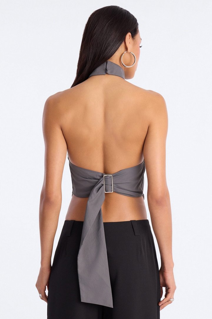 Modern Girl Belted Nylon Halter Top - Grey