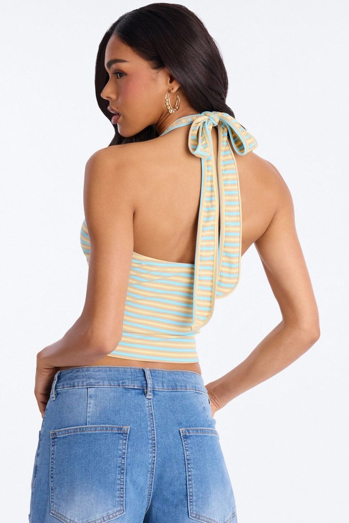 Lulu Ribbed Striped Scoop Neck Halter Top - Brown/combo