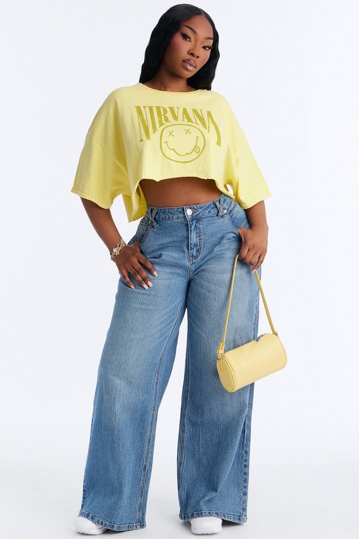 Nirvana Smiley Washed Cropped Tee - Yellow