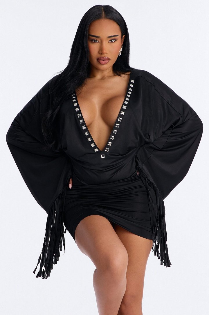 Cleo Studded Fringe Mini Dress - Black