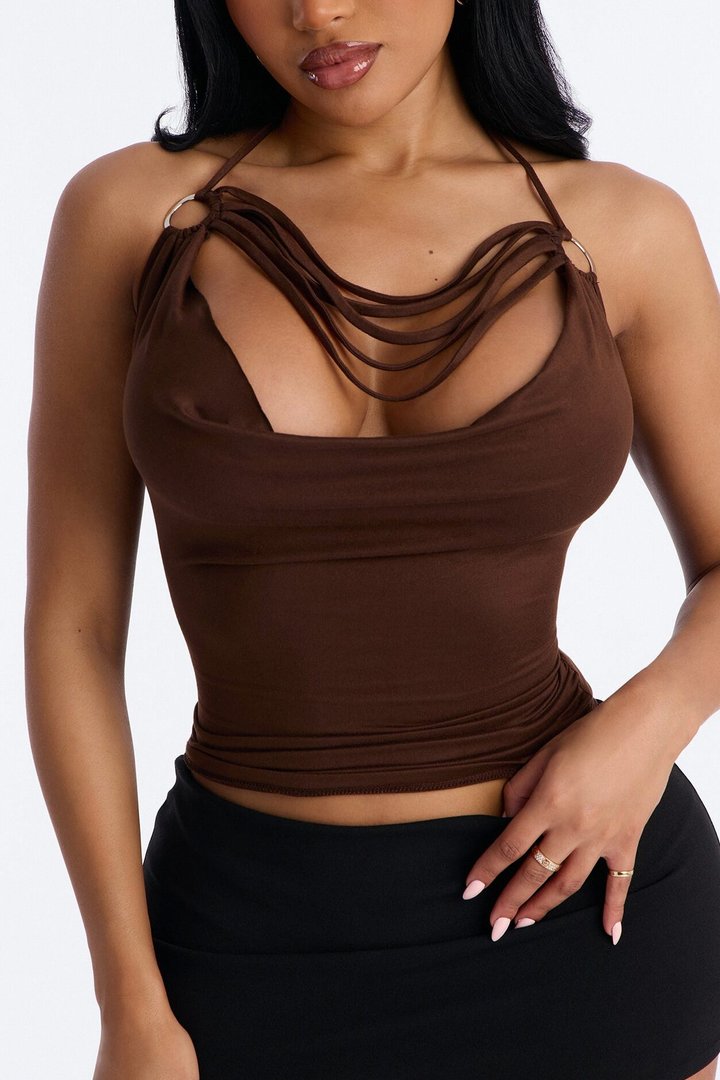 Party All Night Fringe Cowl Neck Halter Top - Chocolate