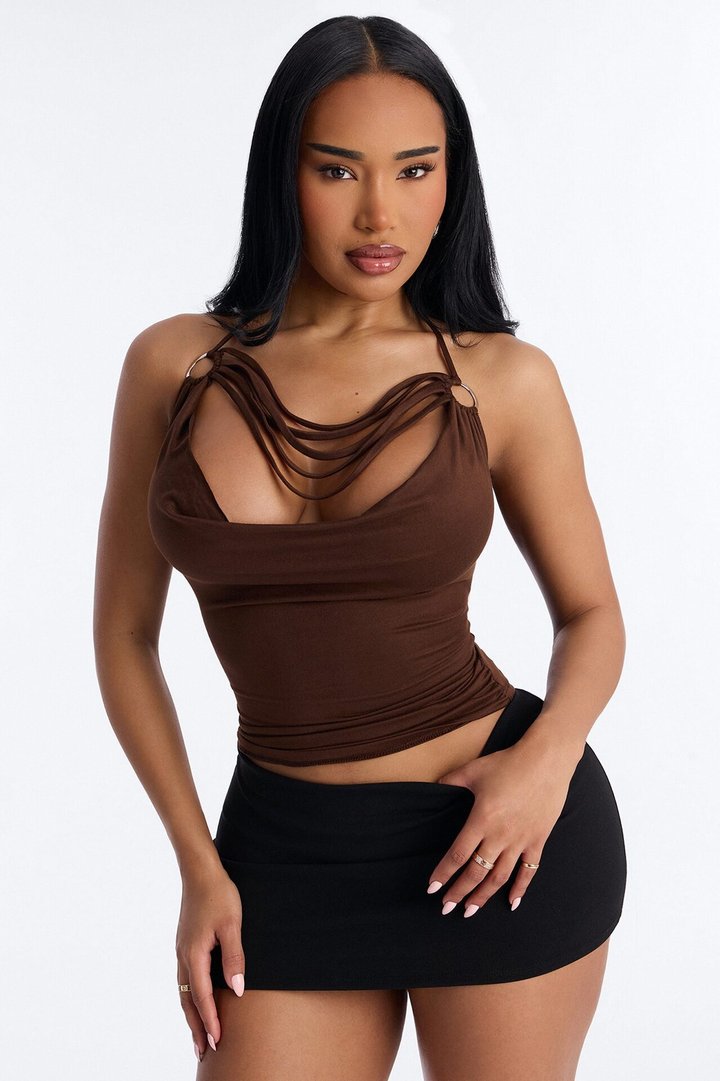 Party All Night Fringe Cowl Neck Halter Top - Chocolate