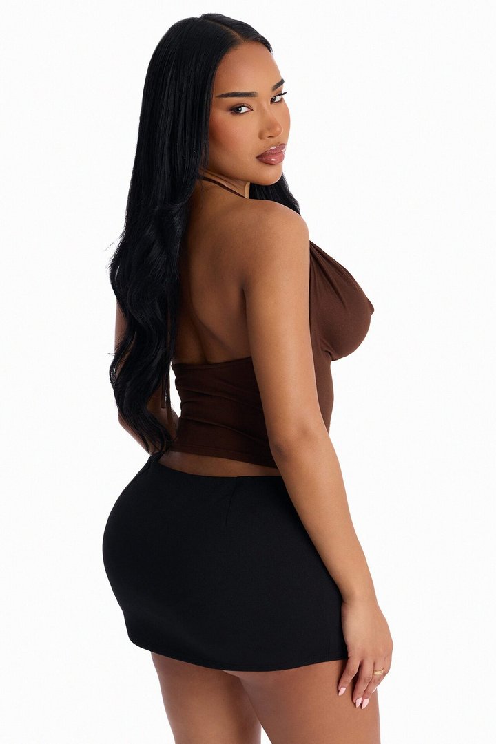 Party All Night Fringe Cowl Neck Halter Top - Chocolate