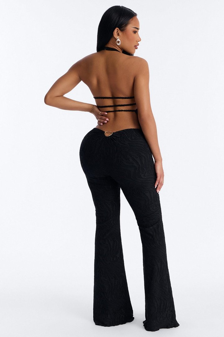 So In Love Textured Halter Flare Pant Set - Black