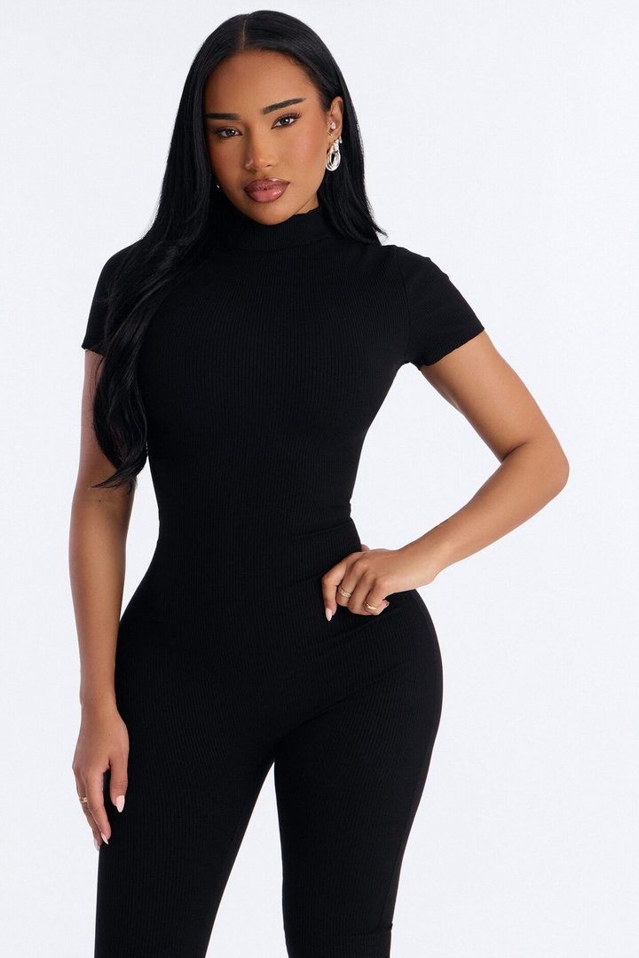 Maribel Short Sleeve Snatched Jumpsuit - Black