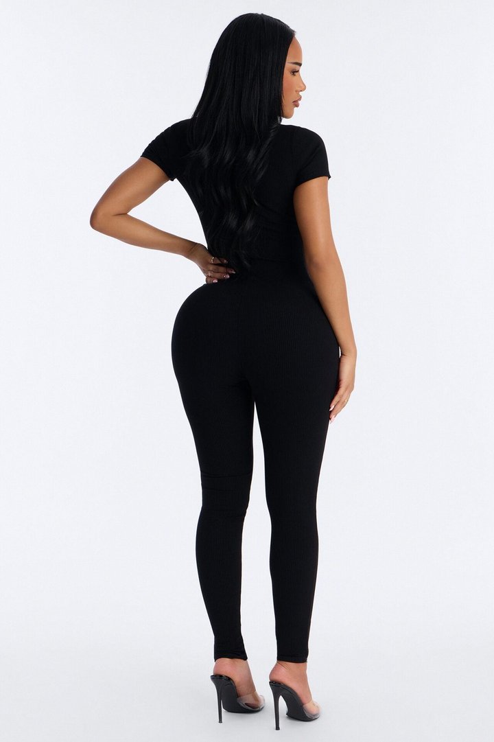 Maribel Short Sleeve Snatched Jumpsuit - Black