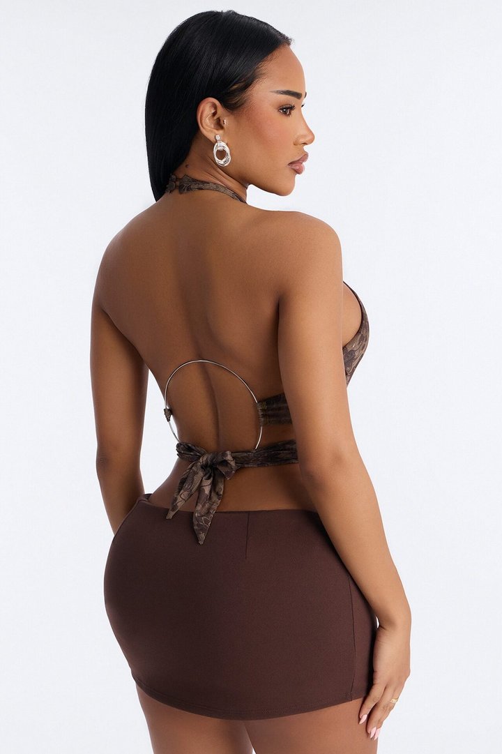 Remember Last Night Cut Out Mesh Hardware Halter Top - Brown/combo