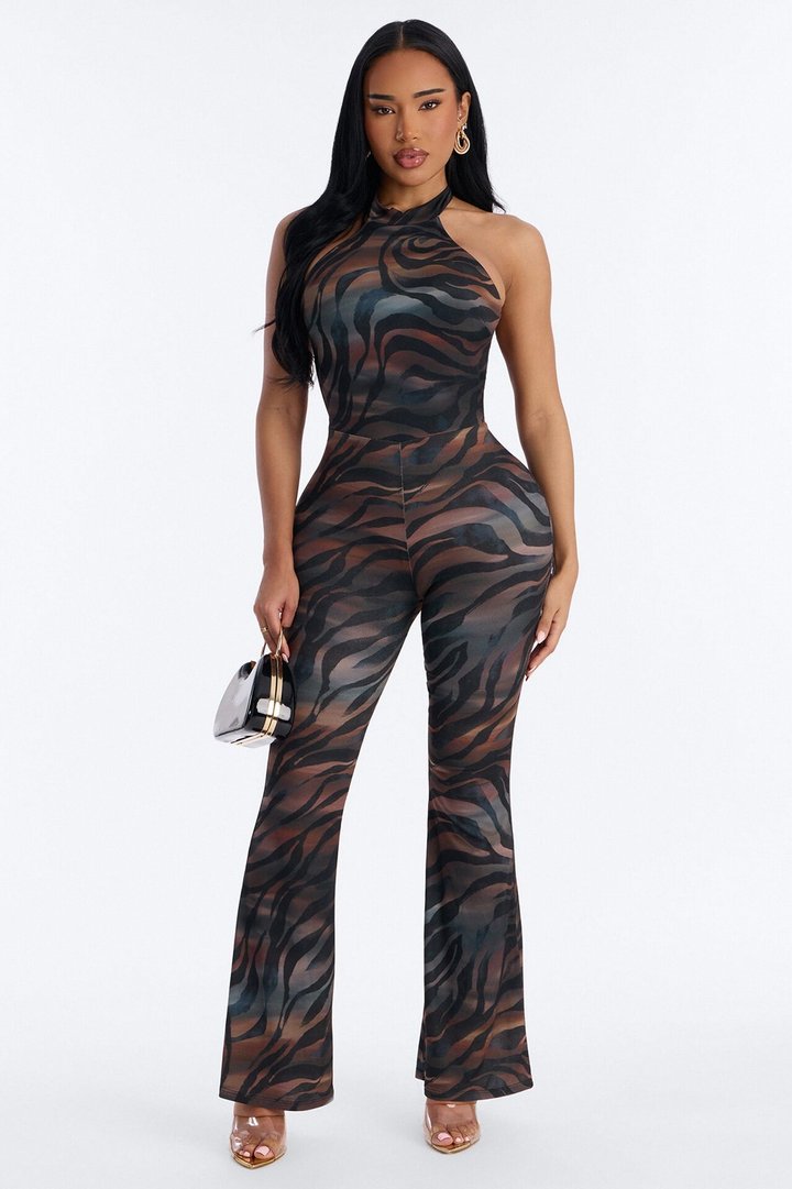 Zea Backless Animal Flare Leg Jumpsuit - Black/combo