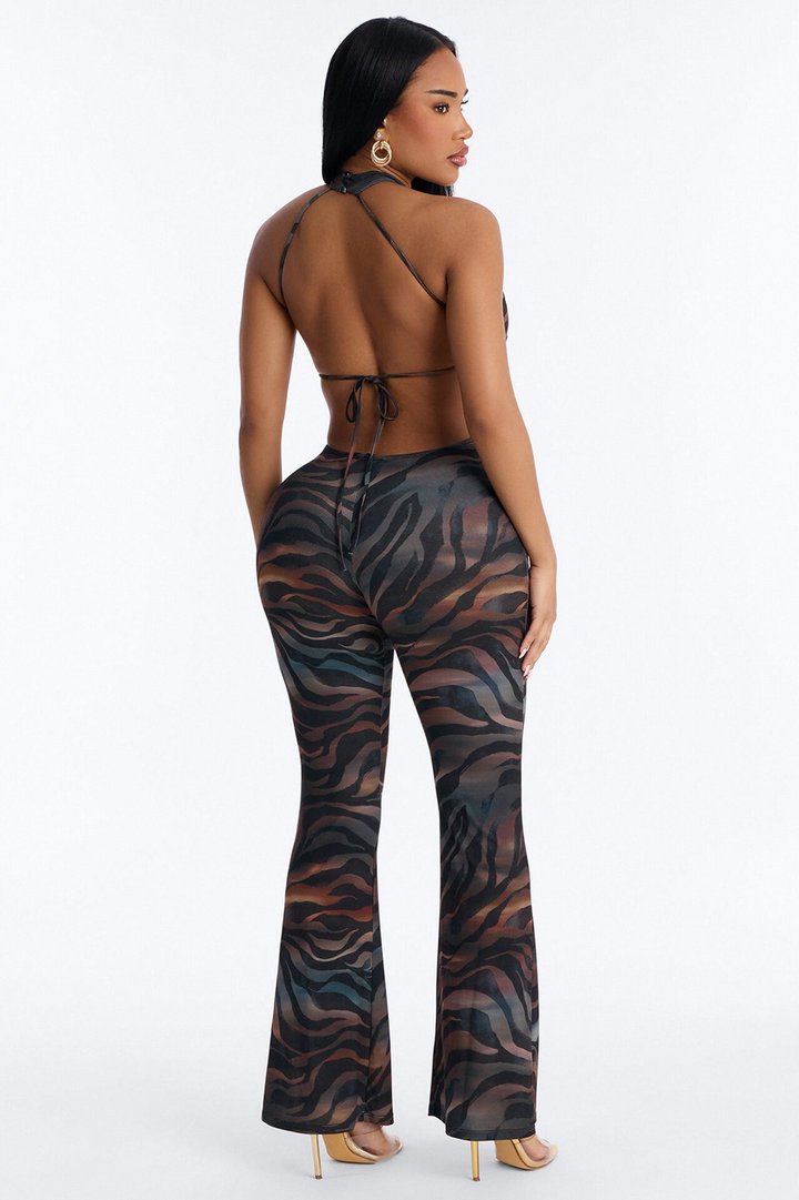 Zea Backless Animal Flare Leg Jumpsuit - Black/combo