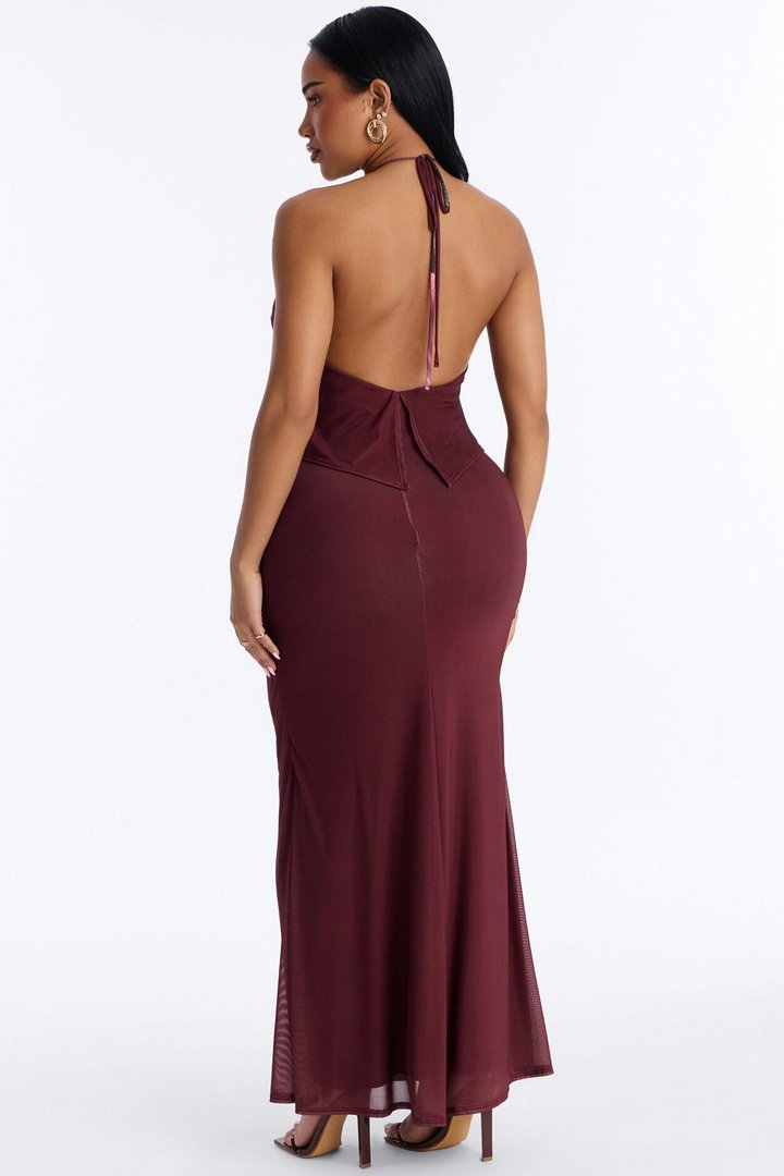 Ruthie Sleeveless Mesh Maxi Dress - Burgundy/combo