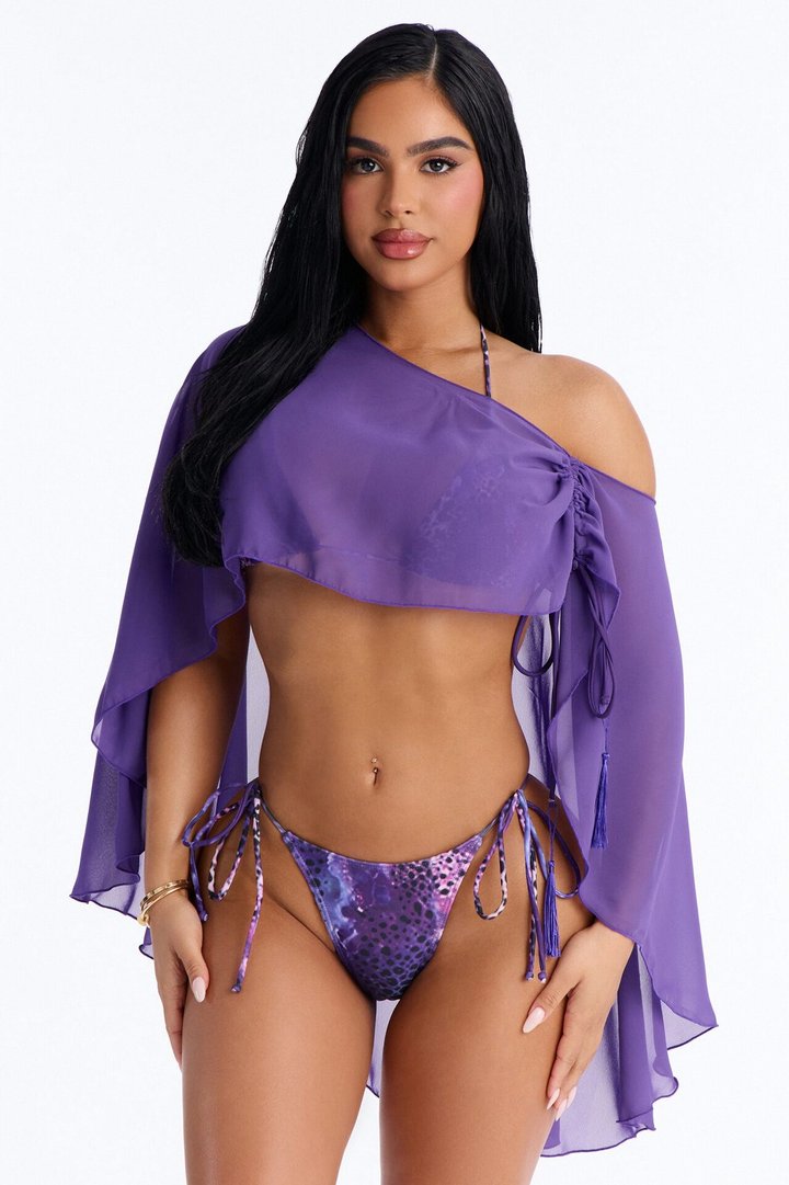 Havana Honey Mesh 3 Piece Bikini Poncho Set - Purple