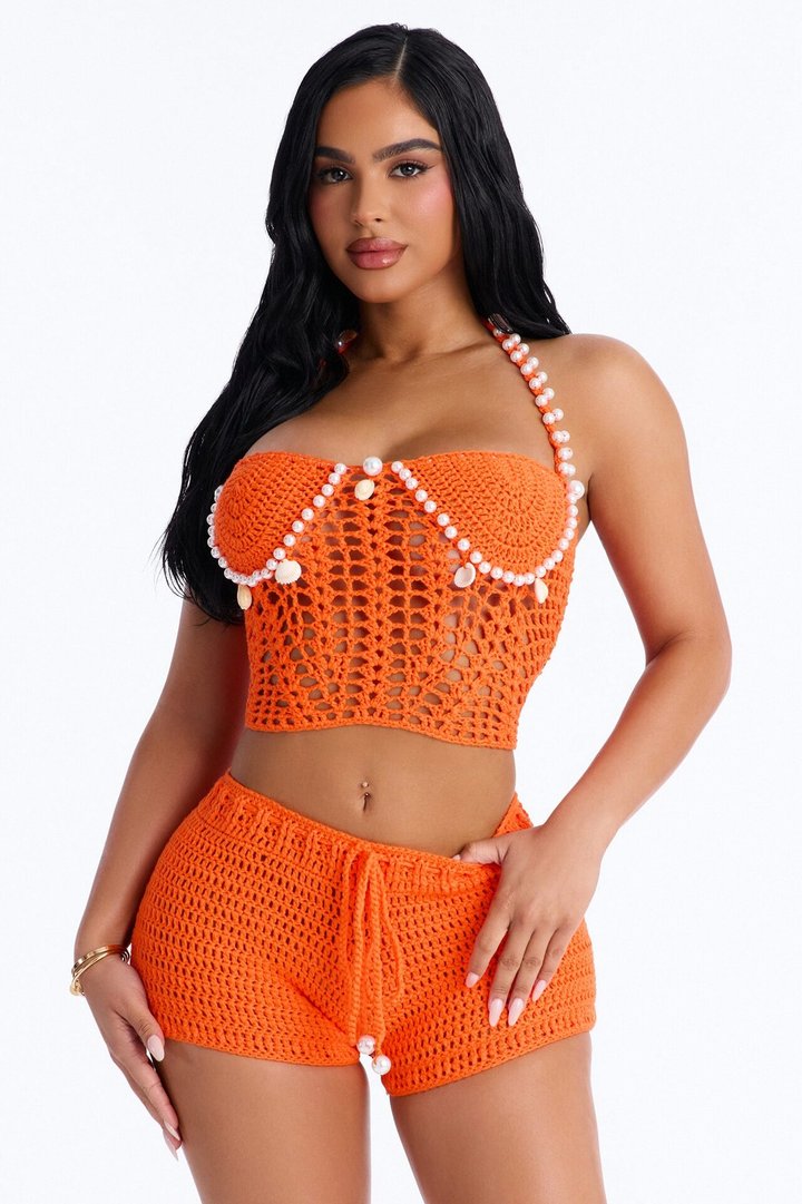 Kalea Pearls & Shells Rope Crochet 2 Piece Sunsuit - Orange