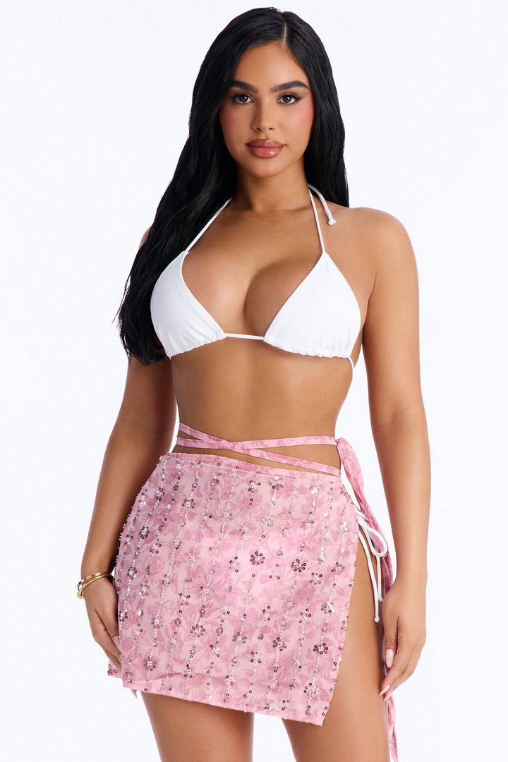 Salt Water Embellished Floral Sequin Trim Strappy Waist Tie Swim Cover Up Skirt - Pink