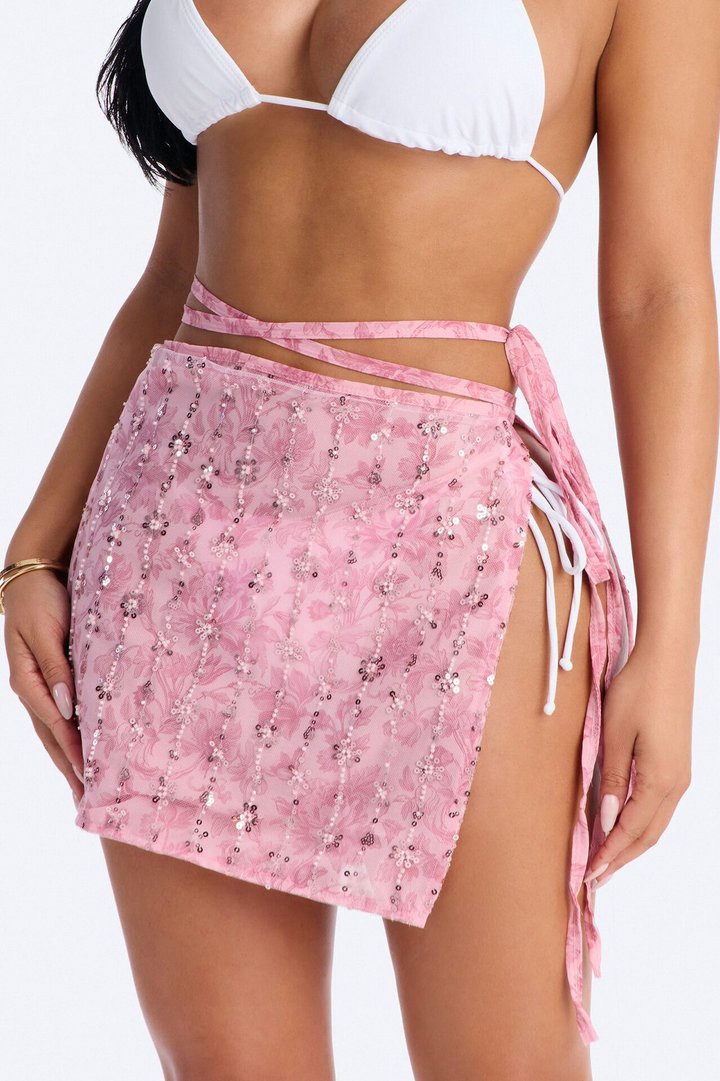 Salt Water Embellished Floral Sequin Trim Strappy Waist Tie Swim Cover Up Skirt - Pink